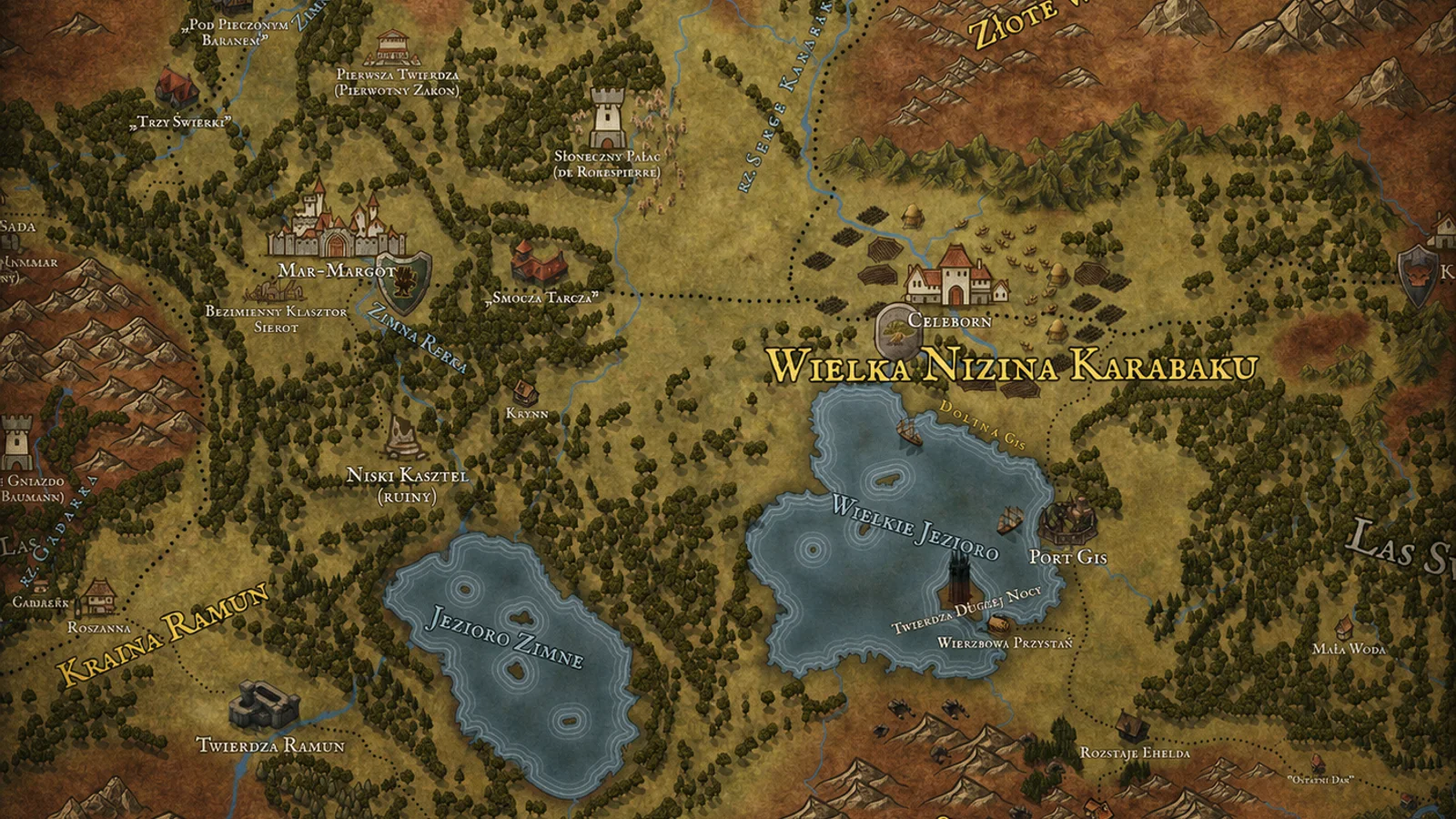 Postarzana mapa Północnego Beredunu z miejscami, rzekami, górami i traktami świata Dziedzictwa Cieni.
