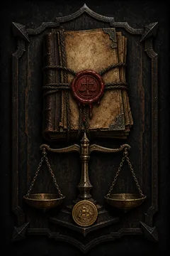 Symbol gildii kupieckich: zapieczętowany kontrakt, waga i moneta